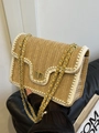 Straw shoulder bag with pearl trim, gold chain strap, and metallic twist lock - Khaki / Small