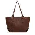 Dark brown woven tote bag in high-quality PU leather with large diamond weave pattern - Brown