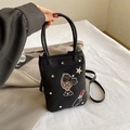 Mini borsa a tracolla in nylon nero con strass alla moda e tracolla in pelle nera - Motivo Stella Ragazza