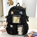 Large black school backpack in Japanese style with cute cartoon badges and charms - Black