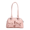 Pink ballet style baguette bag with bow pockets and glossy finish on white background - Pink