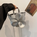 Silver petal handbag with metallic 3D flower, pleated texture and chain strap - Silver