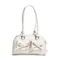 Glossy white faux leather shoulder bag featuring decorative bows and front pockets - White