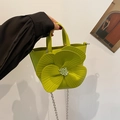 Green leather handbag with large flower design and silver chain strap for women - Green