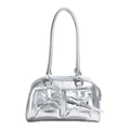 Silver metallic ballet-style baguette bag with bow details and twin shoulder straps - Silver