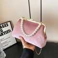 Rosa Samt Muscheltasche mit Strass-Steppung und elegantem Perlengriff für Damen - Rosa