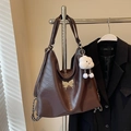 Dark brown pleated PU leather tote bag with silver butterfly charm and cloud pendant - Coffee