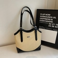 Borsa tote minimalista beige e nera con logo argentato e manici regolabili neri - Bianco Sporco