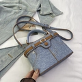 Dettaglio borsa a scatola in denim con cuciture a contrasto, rivetti e tracolla in pelle - Azzurro