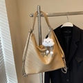Beige oversized shoulder bag with metallic butterfly and plush cloud charm in pleated leather - Khaki