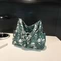 Borsa tote in tela verde scuro con stampa vintage di teschi e rose floreali per donna - Verde