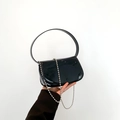 Minimalist black patent leather handbag with silver bead chain and geometric round handle - Black