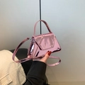 Pink metallic patent leather shoulder bag with geometric trapeze design and top handle - Pink