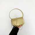 Minimalist patent leather handbag in metallic gold finish with silver ball chain strap - Gold