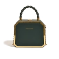 Dark green octagon box bag with gold metal trim and chain strap on white background - Dark Green