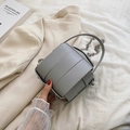 Grey woven leather bucket bag with chain strap and top handle in a minimalist style - Gray