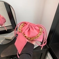 Chic pink drawstring bucket bag with gold chain strap and detachable small card pouch - Pink