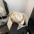 Modern white drawstring cloud bag with soft lychee leather and gold chain handle - White