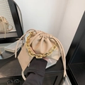 Apricot drawstring bucket bag with lychee texture, gold chain and matching card pouch - Khaki