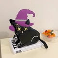 Quirky black cat shoulder bag with purple wizard hat and sequined details - Purple Witch Hat Cat / Purple