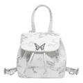 Sac à dos en cuir blanc avec imprimés papillons argentés et boucle papillon en métal - Argenté