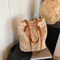Summer lace tote bag with brown leather handles and aesthetic floral crochet pattern - Khaki