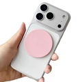 Pink magnetic phone mirror stand attached to a smartphone with triple camera module - Magnetic Disc Mirror / Light Pink