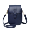 Vertical cross-body phone bag in navy blue litchi pattern leather with gold hardware - Blue