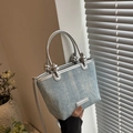 Light blue denim handbag with rhinestones and silver knot handle for stylish casual wear - Style Two Silver Rhinestone Texture (Silver Handle)