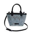 Fashionable blue denim handbag for women featuring silver sequins and black leather straps - Vertical Sequin Stripe Black Handle