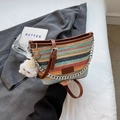 Bunte gewebte Beuteltasche mit Streifenmuster, Lederbesatz und Bärenanhänger-Zubehör - Blau