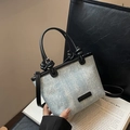 Light blue denim handbag with silver studs and black knotted handle for women - Style Two Light Blue Denim Rivets (Black Handle)