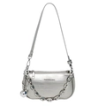 Silver metallic shoulder bag featuring a bold metal chain and a decorative round sphere charm - Silver