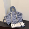 Borsa a mano in nylon plissettato azzurro con coulisse e manico rotondo da donna - Blu