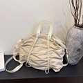 Borsa a tracolla chic in tela beige a pieghe con manico rotondo e tracolla regolabile - Bianco Sporco