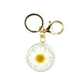 Handmade clear resin keychain with real white daisy flower and gold lobster clasp - White Dried Flower Style (B04)
