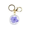 Acrylic round keychain featuring a real purple dried flower with golden metal ring - Deep Purple Dried Flower Style (B06)