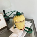 Fashionable pineapple bucket bag in yellow leather with pearls and green leaf handle - Pearl Decoration / Yellow