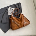Vintage brown PU leather tote bag with decorative zippers and boho buckle details - Brown
