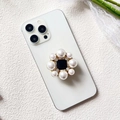 Detailed close-up of luxury phone grip with inlaid pearls and sparkling rhinestones - Black Square Pearl Diamond (Round Pearl Diamond - Airbag Stand)
