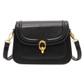 Minimalist black leather square crossbody bag with premium gold ring buckle - Black