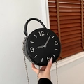 Sac bandoulière rond en cuir noir avec cadran d'horloge et chaîne à perles argentées - Noir