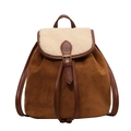 Zaino vintage in pelle scamosciata marrone scuro con patta in agnellino bianco e cinturini - Marrone