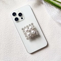 Detail of luxury rhinestone phone socket with white pearl flower petals and silver frame - Elegant Pearl Diamond (Square Pearl - Airbag Stand)
