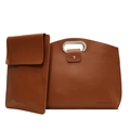 Set borsa portadocumenti in pelle marrone con manici ovali in metallo e pochette - Marrone