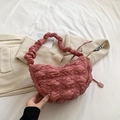 Pink quilted puffy crescent shoulder bag with stylish ruched straps for daily wear - Watermelon red