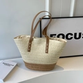 Bolso tote grande de paja tejida con diseño de bloques en crema y marrón - Estilo De Bloque De Color Beige / Blanco Roto