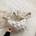 White quilted puffer crescent hobo bag with textured bubble shoulder strap for women - White