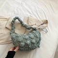 Chic light green quilted underarm bag with puffy texture and ruched shoulder strap - Dark Green