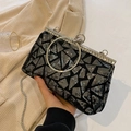 Elegant black evening clutch with geometric silver sequins and rhinestone metal ring handle - Gray